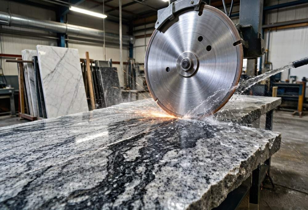 Diamond saw blade cutting granite slab in a stone processing workshop